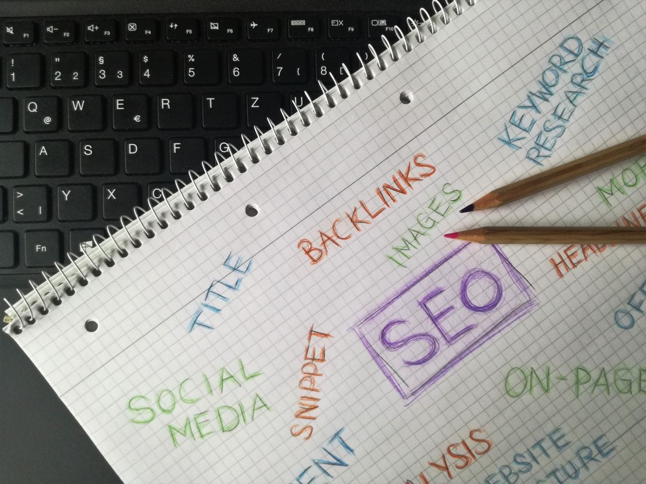 Libreta con anotaciones de keyword research y backlinks para SEO